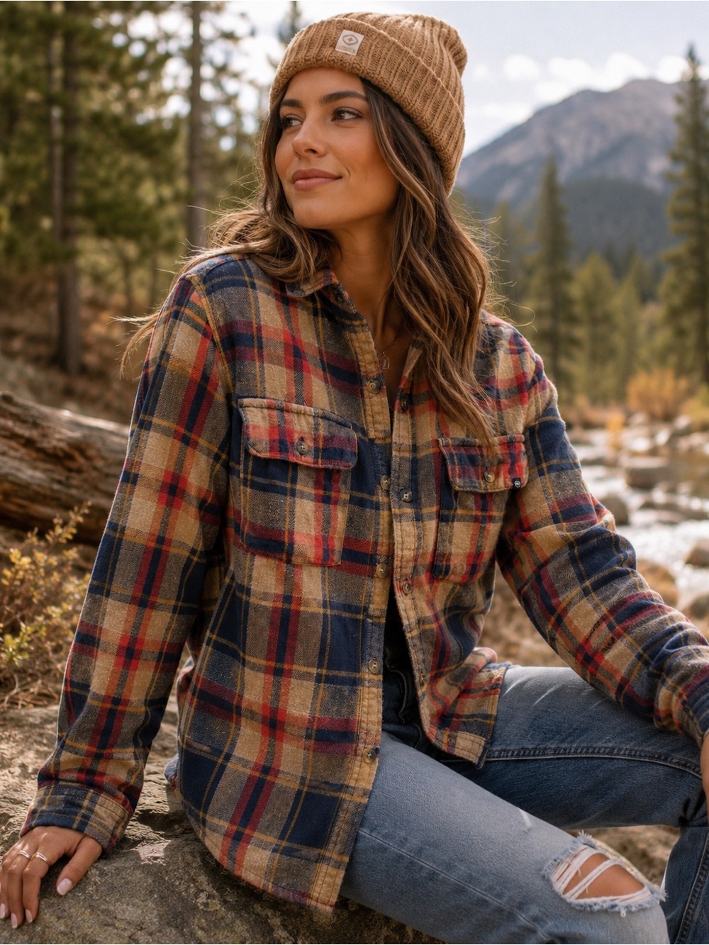 Dravus Women’s Plaid Flannel Shirt Small Tan Navy Red Button Front
